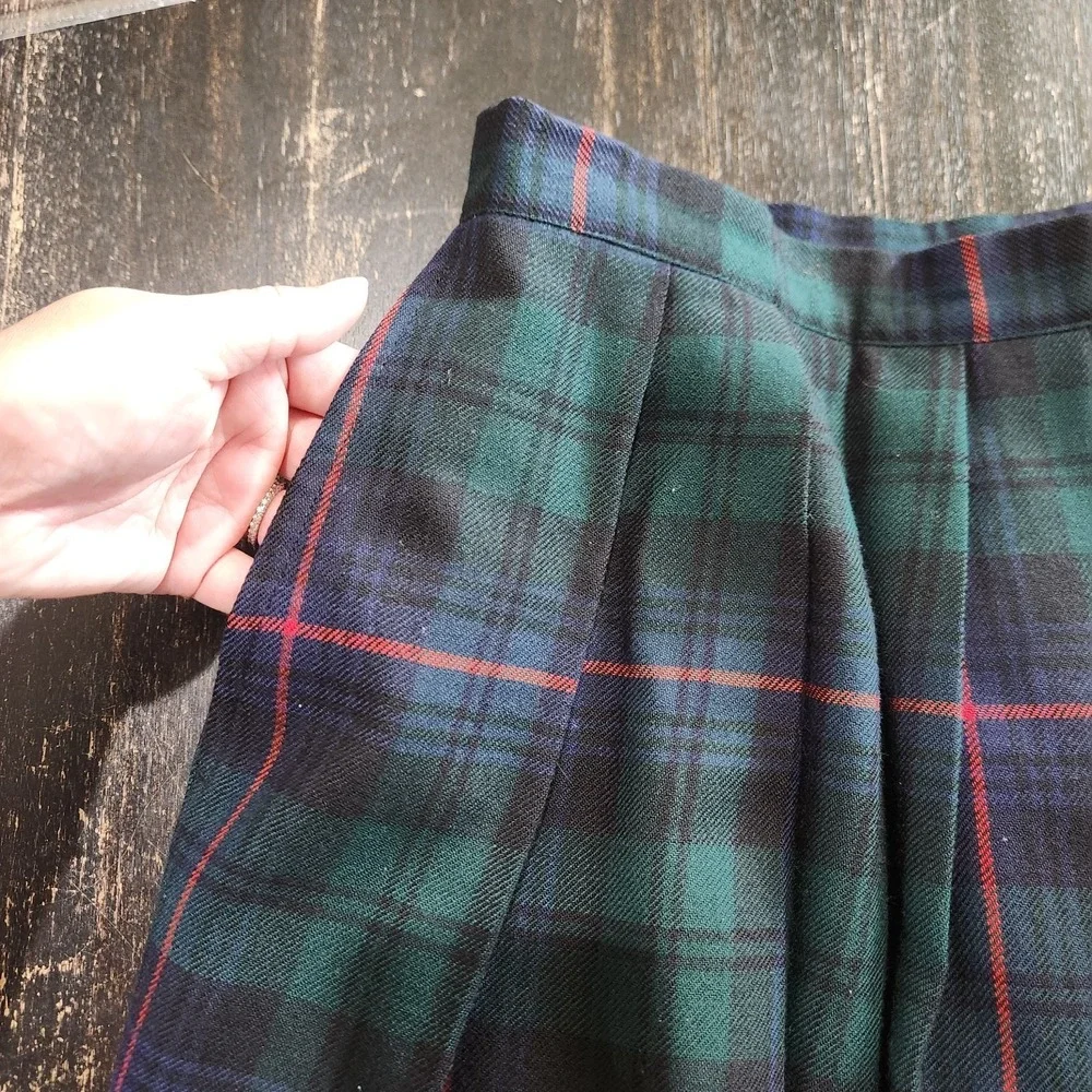 Vintage Wool Green Blue Tartan Plaid Pleated Midi Skirt Waist 25